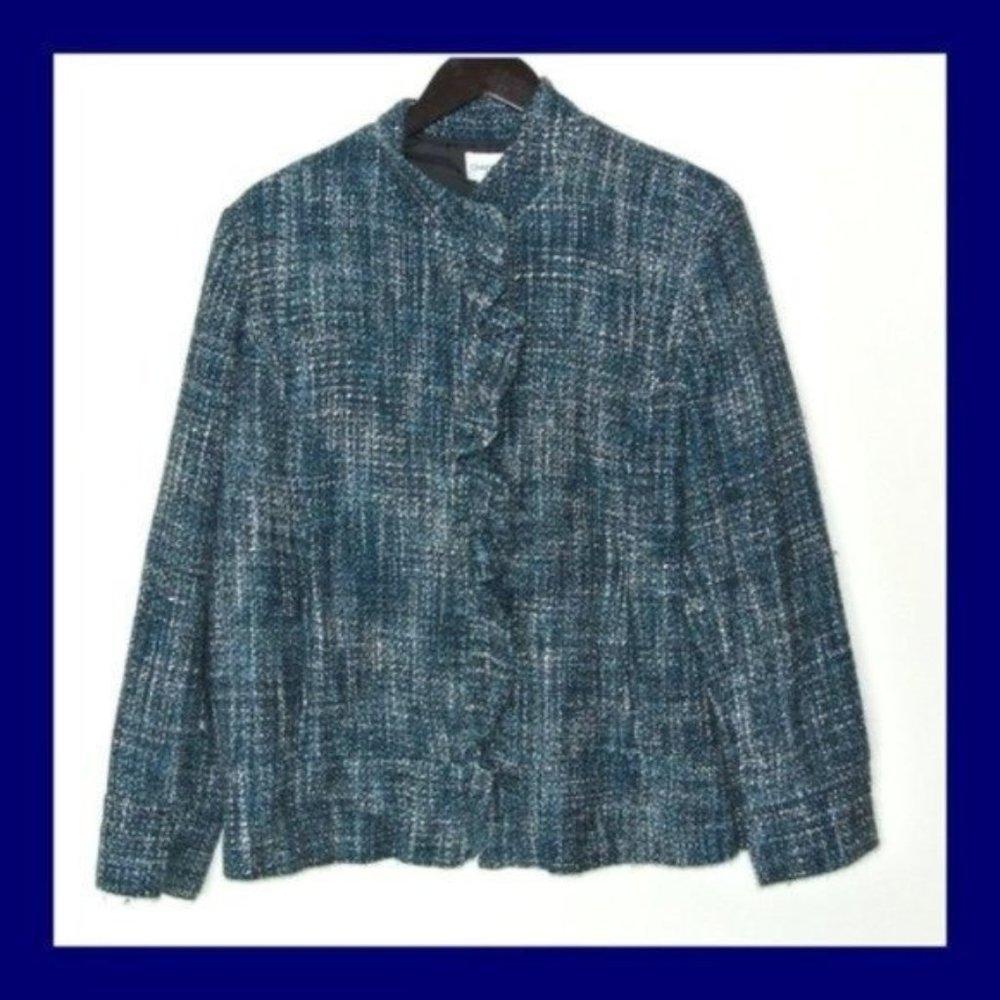 Chico's  Blue Tweed‎ Ruffle Placket Blazer 16 18 XL